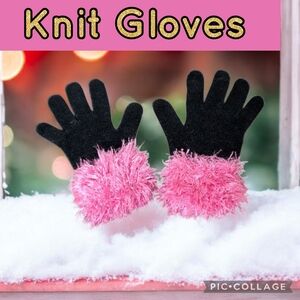Stylish Black Women's Stretchy Knit Gloves with Pink Fuzzy Cuffs